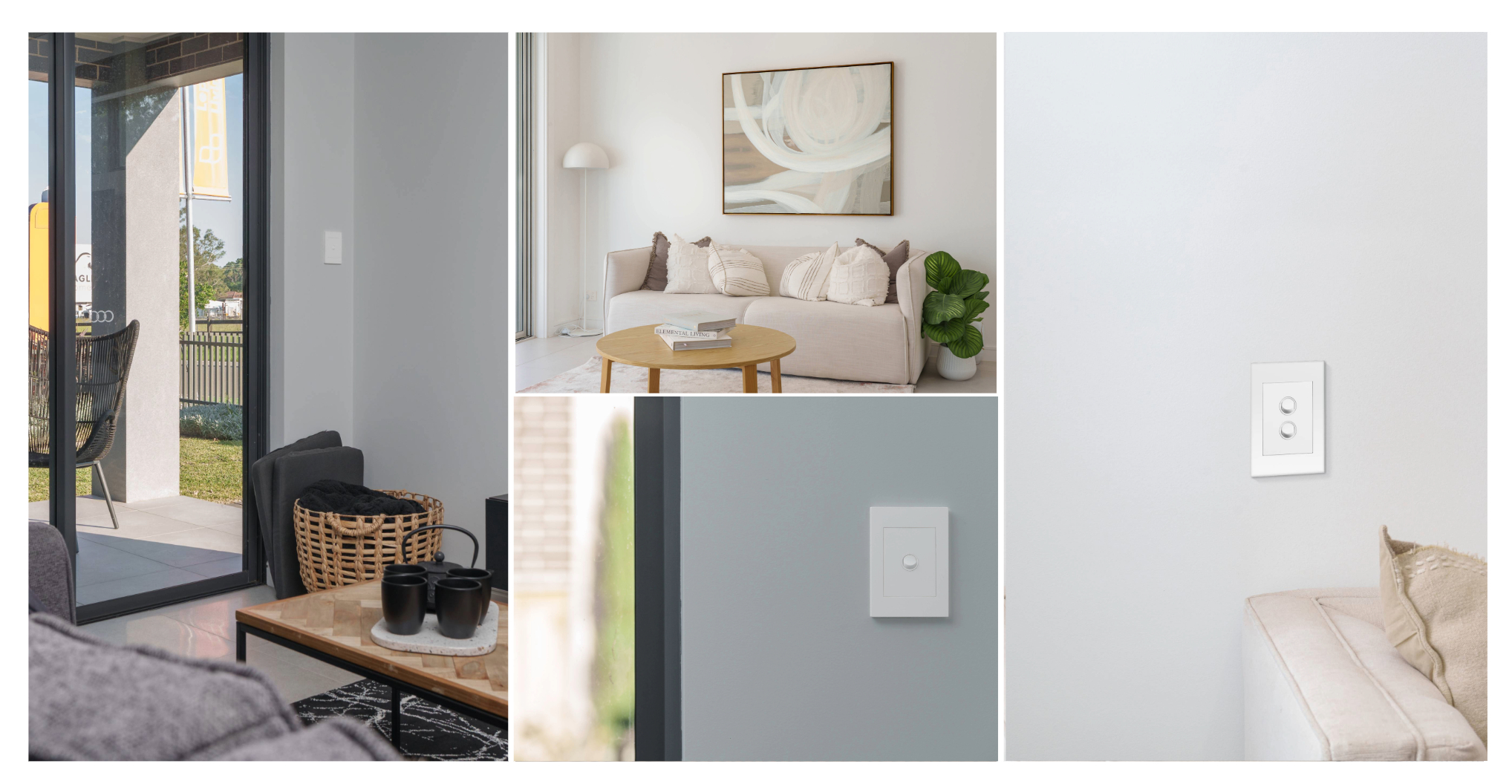 collage of different living rooms with switches